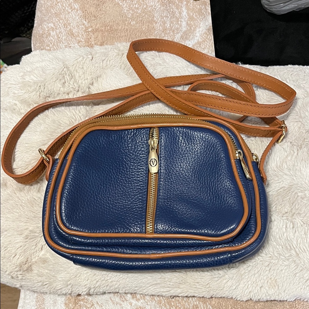 Stylish Blue and Tan Crossbody Bag
